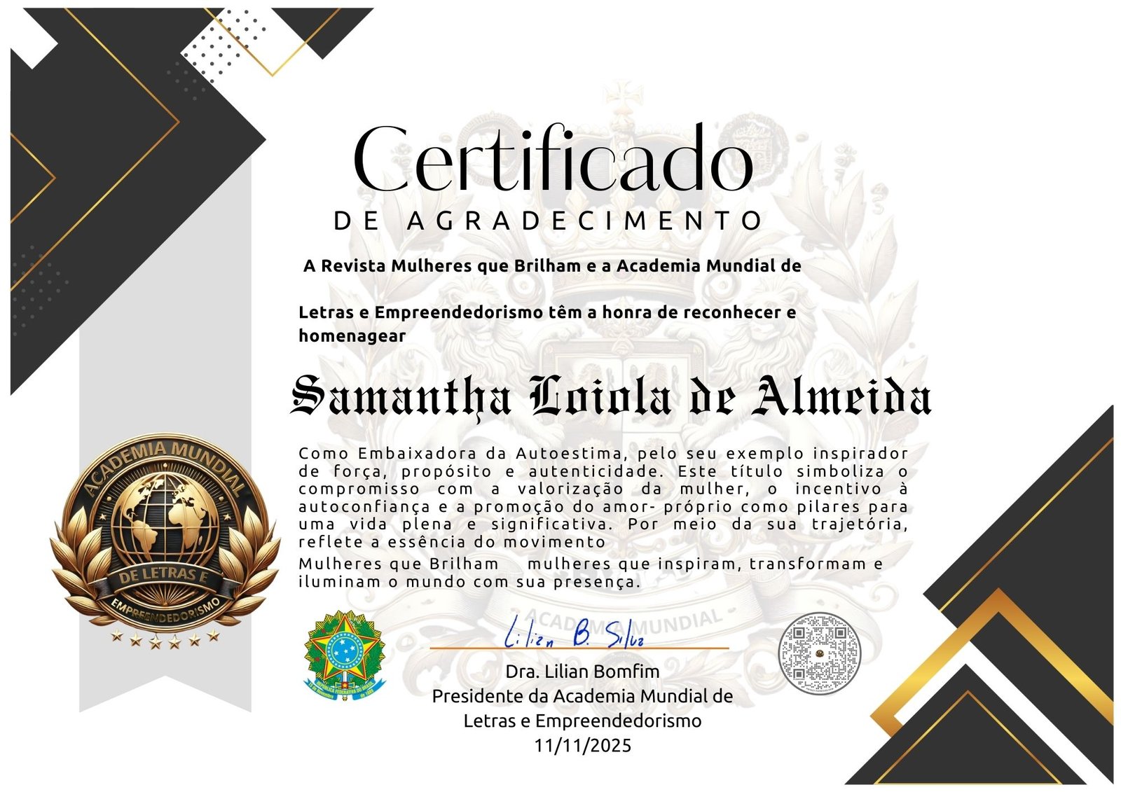 Certificado Embaixadora da Autoestima